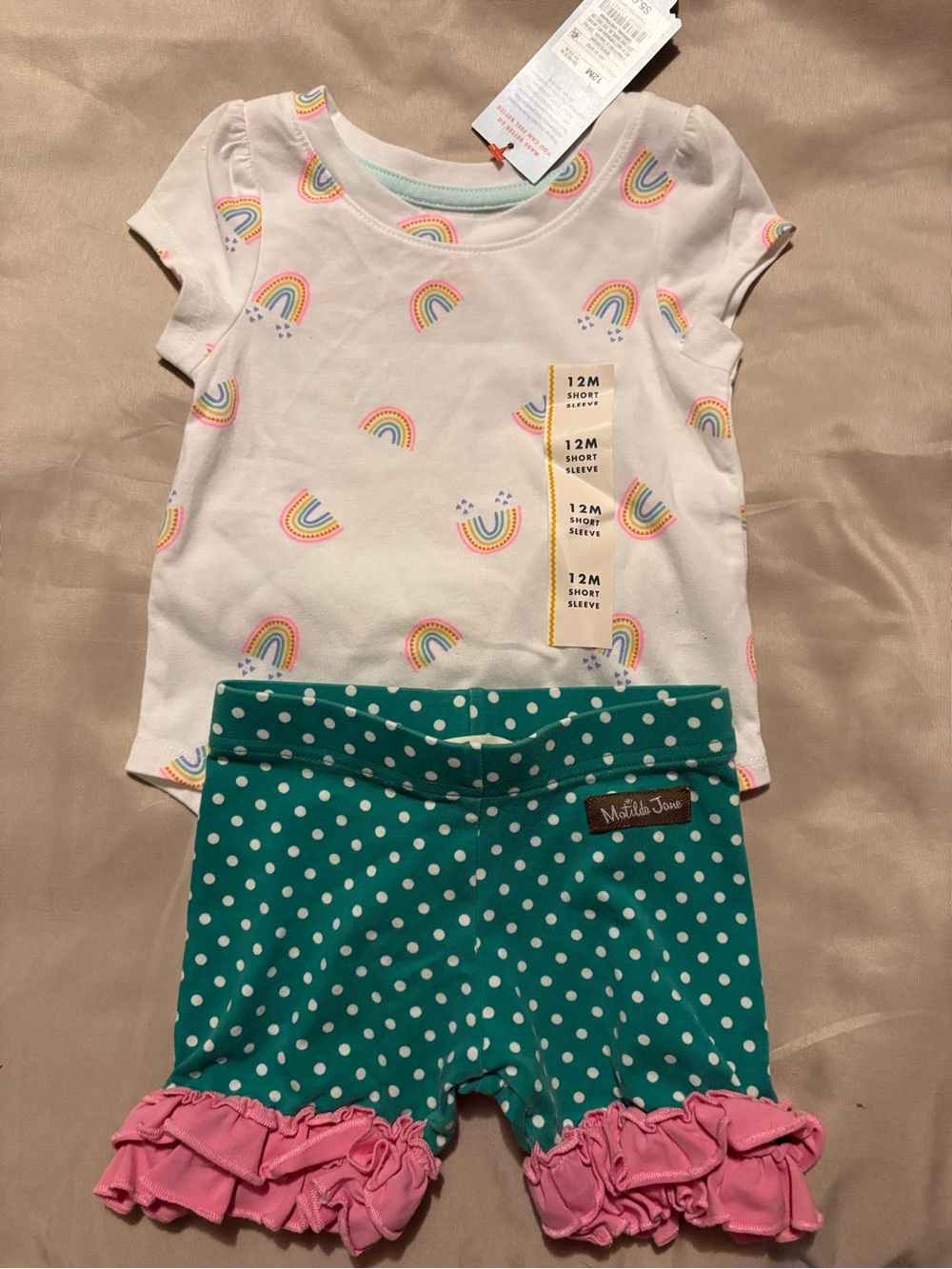 Matilda Jane White Rainbow Tee with green Polka Dot Shorts